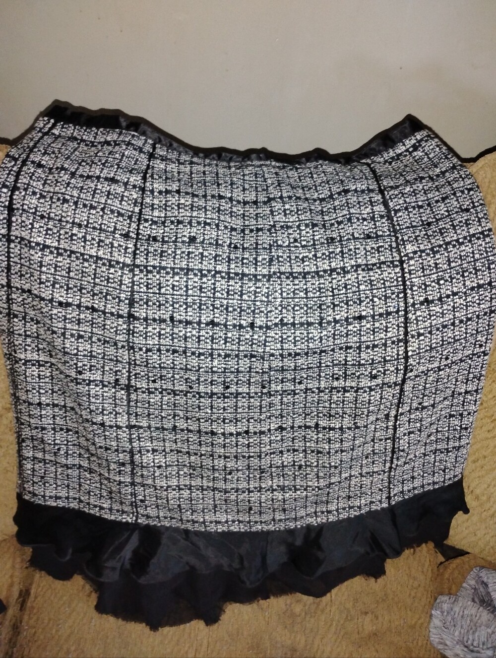 Black and White Tweed Pencil Skirt with Ruffle Hem